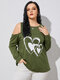 Plus Size Cold Shoulder Graphic Heart Long Sleeves Tee - Green