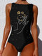 Women Starry Sky Hand Print High Neck Sleeveless One Piece Slimming Swimwear - Black5