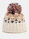 Women Knitted Thickened Color-match Geometric Pattern Mixed Color Fur Ball Decorative Warmth Brimless Beanie Hat - White