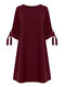 Women Solid Color Crew Neck Tie Sleeve Casual Dress - Wine Red