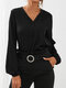 Solid Color V-neck Lantern Sleeves Casual Blouse For Women - Black