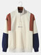 Mens Corduroy Colorblock Patchwork Letter Embroidered Zipper Pullover Sweatshirts - Brown