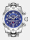 Large Dial Men Business Watch Multifunctional Luminous Calendar Waterproof Quartz Watch - Blue Dial Silver Band
