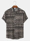 Mens Ethnic Geometric Print Lapel Casual Short Sleeve Shirts - Khaki