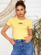 Letters Graphic Short Sleeve Hollow Crew Neck T-shirt - Yellow