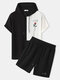 Mens Rose Japanese Embroidered Patchwork Knit Hooded Two Pieces Outfits - Black