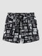 Men Allover Slogan Print Wide Legged Stick Loose Breathable Holiday Board Shorts - Black
