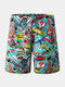 Men Funny Graffiti Print Quick Drying Mesh Liner Middle Waist Drawstring Board Shorts With Pocket - As Picture