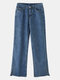 Solid Split Pocket Zip Front Loose Denim Jeans For Women - Blue