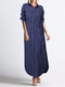 Polka Dot Print Splited Long Sleeve Casual Dress For Women - Blue