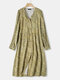 Printed Button Fly V-neck Bishop Sleeve Bohemian Dress - Yellow