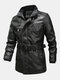 Men Winter Fashion Thicken Fleece Lined Mid-long Plain PU Leather Jacket - Coffee