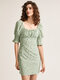 Floral Print Shirred Puff Sleeve Square Collar Dress - Green