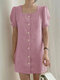 Solid Square Collar Puff Sleeve Button Front Casual Dress - Pink