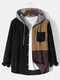 Mens Corduroy Contrast Patchwork Button Front Drawstring Hooded Shirts - Black