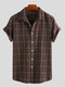 Mens 100% Cotton Plaid Short Sleeve Turndown Collar Casual Shirt - Coffee
