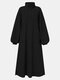 Solid Color Pocket Long Sleeve Slit Hem Loose Plush Dress - Black
