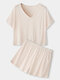 Women Solid Color V-Neck Texture Short Sleeve Home Comfy Pajama Sets - Beige