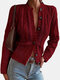 Solid Cable Hollow Button Long Sleeve Women Cardigan - Wine Red