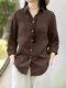 Women Solid Long Sleeve Button Front Lapel Shirt - Brown