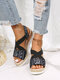 Large Size Cross Elastic Band Retro Ethnic Pattern Wedges Sandals For Women - Black