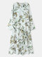 Bohemian Flower Print Nothched Neck Plus Size Dress with Pocket - White