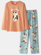 Women Lovely Cat Print Home Long Sleeve Loose Pants Two-Piece Lounge Pajamas Set - Orange