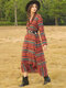 Casual Geometric Print Striped V-neck Long Sleeve Maxi Dress With Pocket - Red