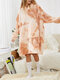 Women Tie-Dye Fleece Thicken Lounge Home Loose Double Plush Blanket Hoodie With Front Pocket - Orange