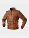 Mens Double Chest Pocket Zipper Front  PU Leather Stand Collar Thick Jackets - Khaki