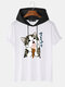 Mens Cute Cat Japanese Print Short Sleeve Drawstring Hooded T-Shirts - White