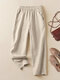 Women Solid Button Detail Cotton Casual Pants With Pocket - Apricot