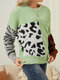 Leopard Stitch Plush Contrast Color Long Sleeve Sweater - Green