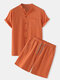 Mens Basic Cotton Linen Grandad Collar Solid Color Loungewear Set - Orange Red