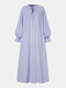 Solid Color O-neck Lantern Sleeve Plus Size Knotted Dress for Women - Blue