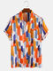 Men 65% Cotton Colorful Stripe Graffiti Print Casual Loose Short Sleeve Shirt - Orange