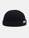 Unisex Knitted Solid Color Letter Patch All-match Warmth Brimless Beanie Landlord Cap Skull Cap - Black