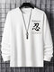 Mens Chinese Character Letter Print Crew Neck Long Sleeve T-Shirts Winter - White