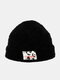 Unisex Teddy Velvet Solid Color Cow Pattern Letter Cloth Label Warmth Beanie Hat - Black
