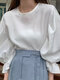 Solid Lantern Sleeve Loose Crew Neck Blouse For Women - White
