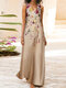 فستان ماكسي بياقة على شكل V بدون أكمام بطبعة أوراق الزهور - الكاكي