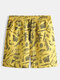 Men Yellow Mesh Liner Quick Dry Board Short Printing Mid Long Casual Shorts - Yellow