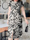Women Floral Print Button Design Split Hem Short Sleeve Dress - Black