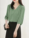 Solid V-neck 3/4 Sleeve Blouse For Women - Green