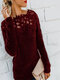 Off Shoulder Lace Crochet Long Sleeve Plus Size Sweater - Red