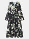 Bohemian Flower Print Nothched Neck Plus Size Dress with Pocket - Black