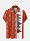 Mens Christmas Tree Print Colorblock Button Up Lapel Short Sleeve Shirts - Red