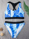 Women Tropical Leaf Print Criss Cross Back Wide Straps Bikinis Surfing Swimwear - Blue