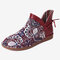 LOSTISY Cloth Embroidered Splicing Leather Flat Comfortable Soft Boots - Red