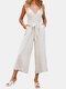 Solid Color V-neck Knotted Elastic Wide-leg Women Jumpsuit - White